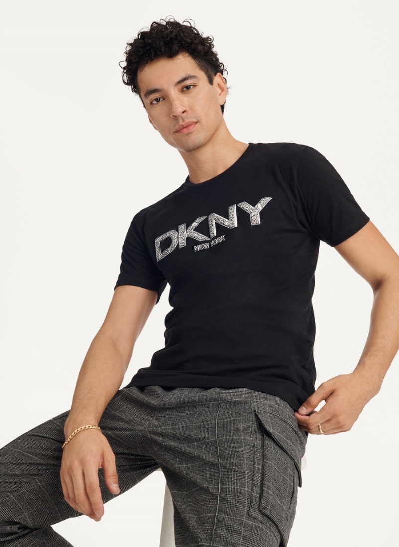 Men's Dkny Metallic Puff Logo T Shirts Black | G7069029