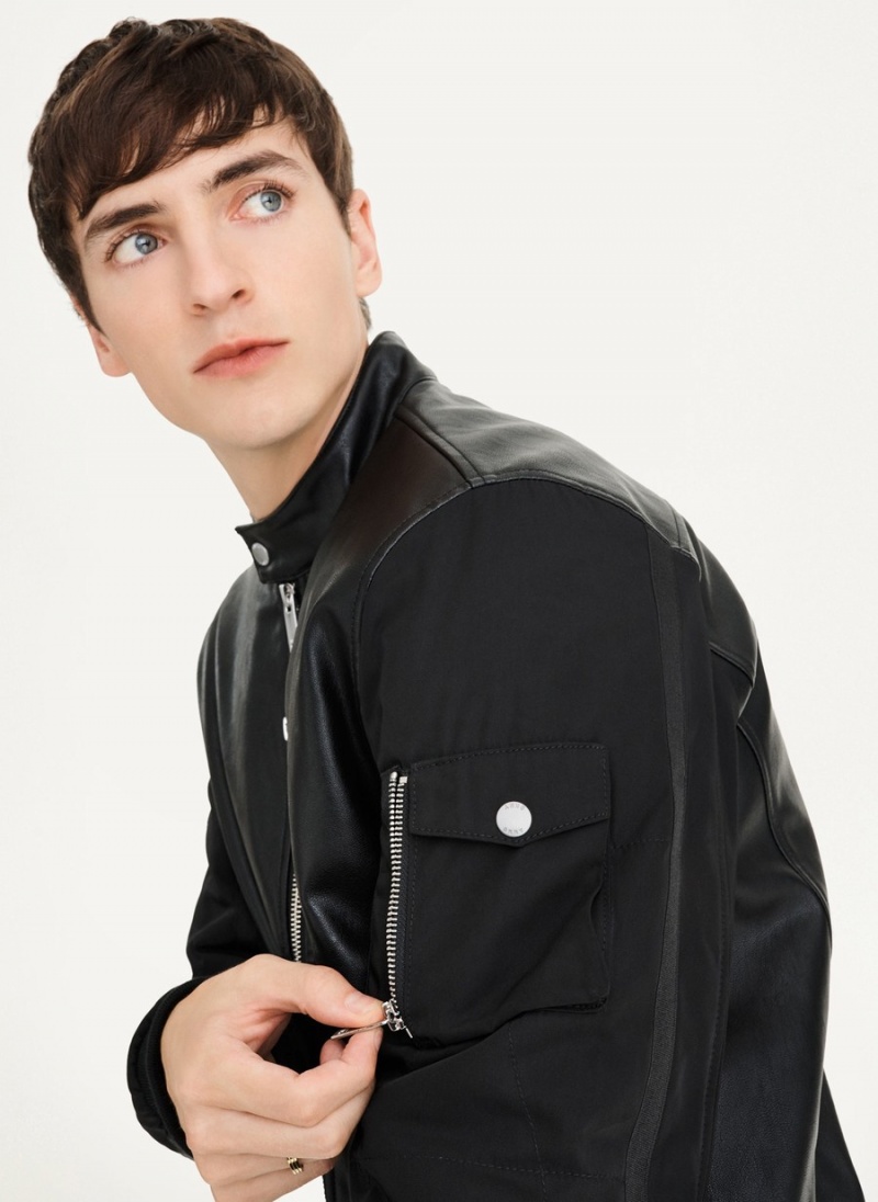 Men's Dkny Mixed Media Faux Leather Bomber Jackets Black | S6040249