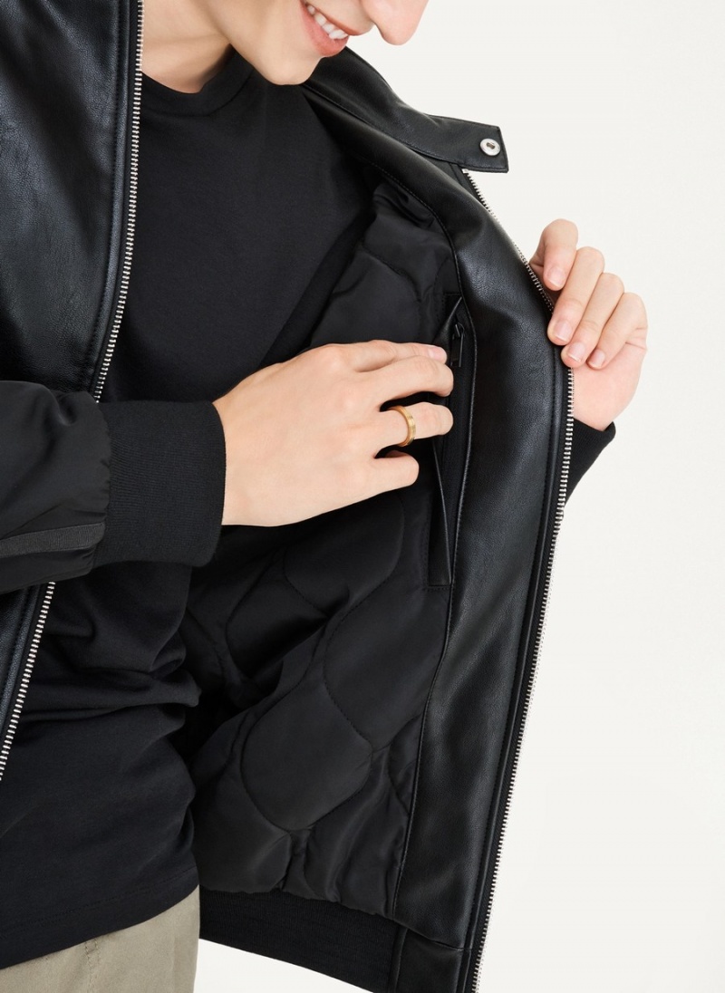 Men's Dkny Mixed Media Faux Leather Bomber Jackets Black | S6040249