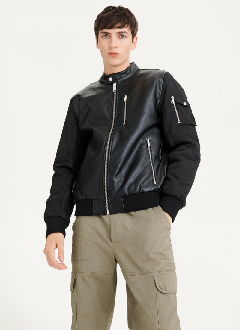 Men's Dkny Mixed Media Faux Leather Bomber Jackets Black | S6040249