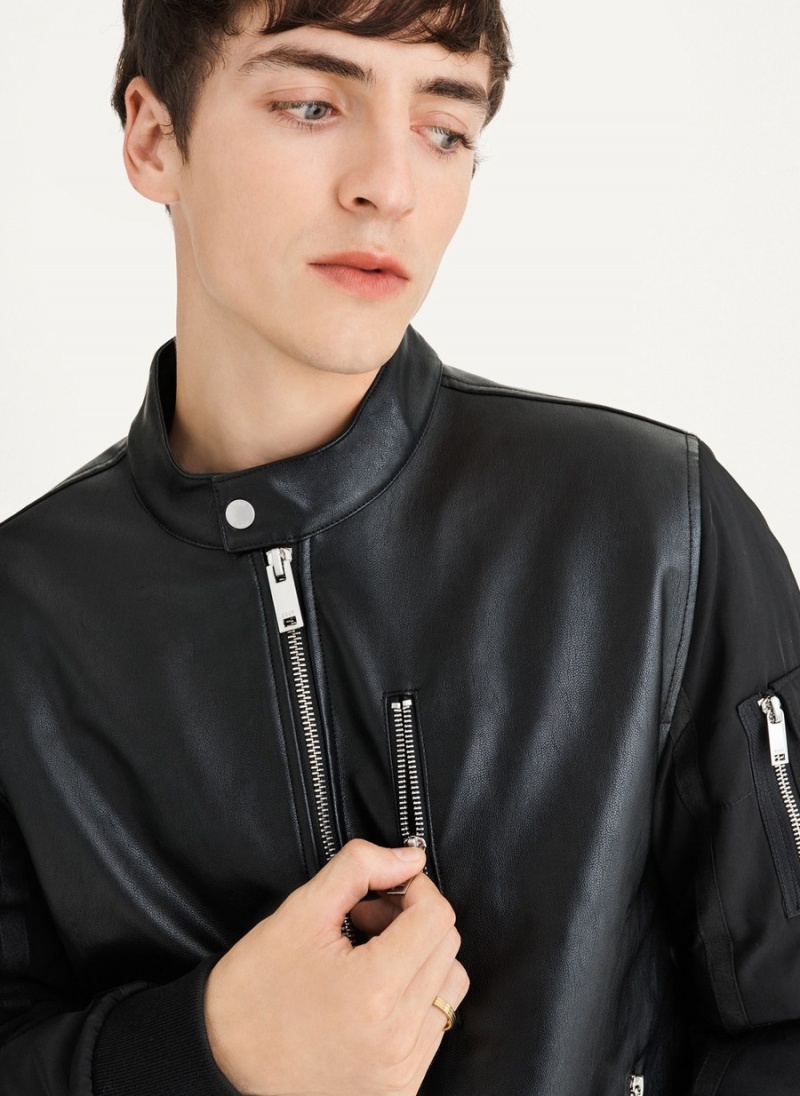 Men's Dkny Mixed Media Faux Leather Bomber Jackets Black | S6040249