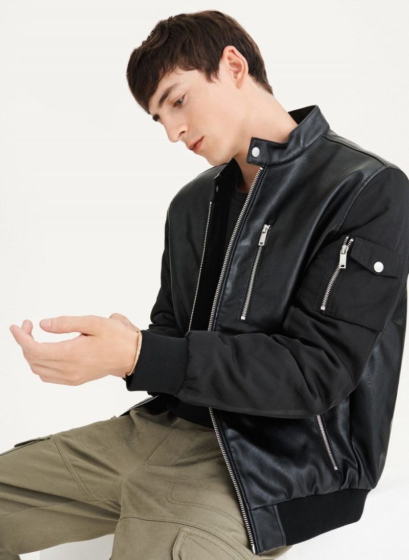 Men\'s Dkny Mixed Media Faux Leather Bomber Jackets Black | S6040249