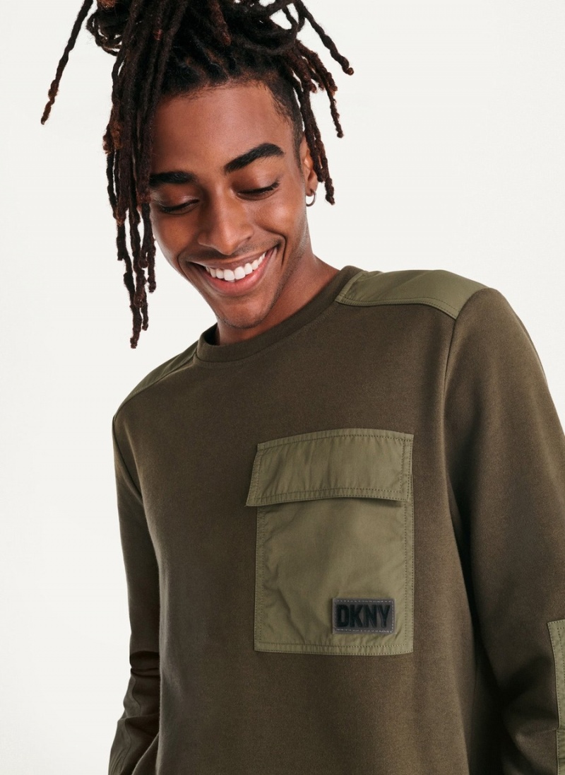 Men's Dkny Mixed Media Military Sweatshirts Olive | I8844515