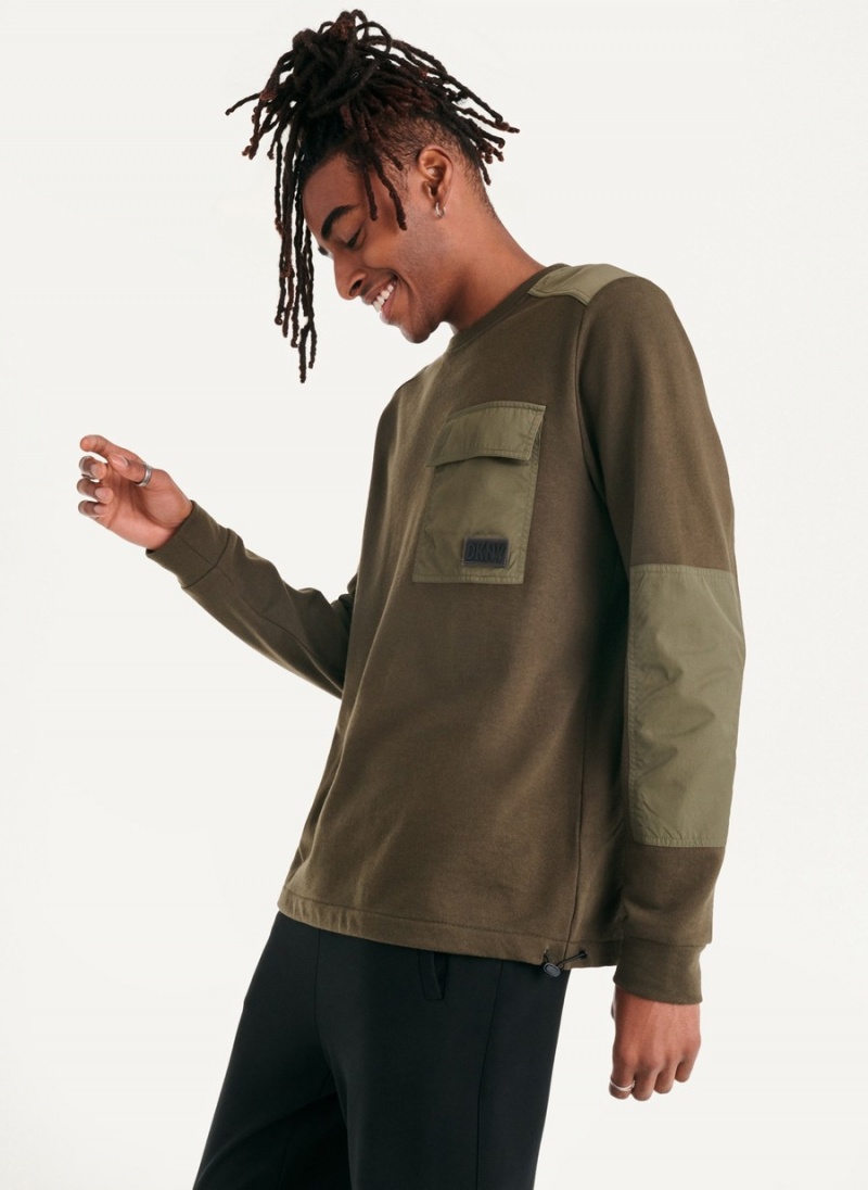 Men's Dkny Mixed Media Military Sweatshirts Olive | I8844515