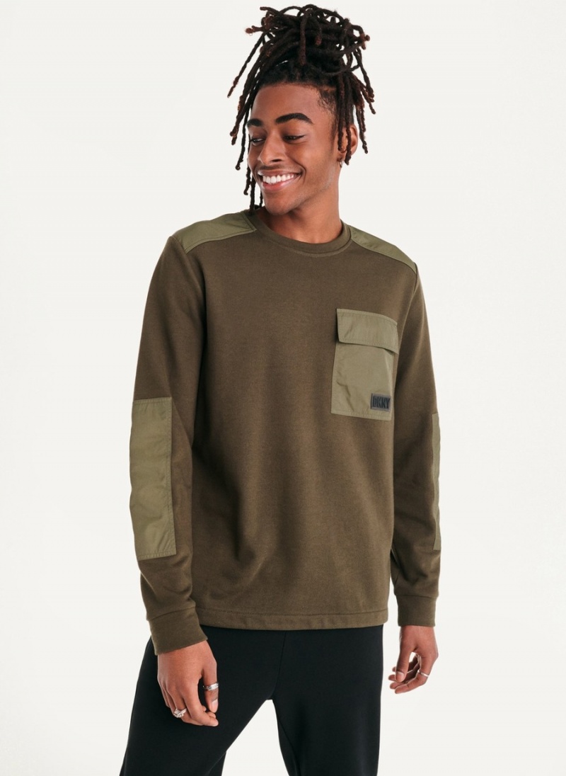 Men\'s Dkny Mixed Media Military Sweatshirts Olive | I8844515