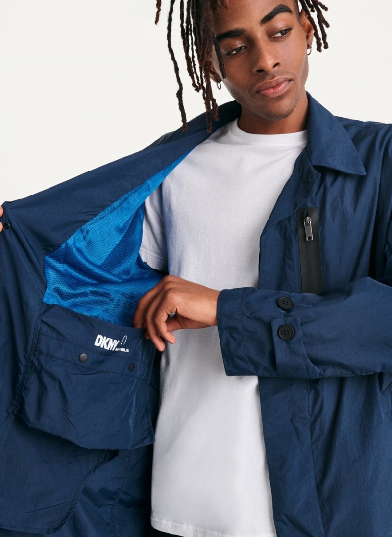 Men's Dkny Nylon Collared Trench Coat Navy | H5369637