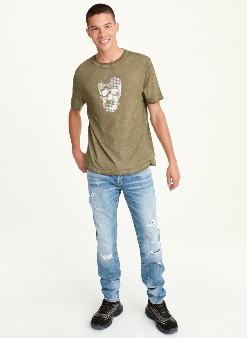 Men's Dkny OUTLINE LOGO SKULL MINERAL WASH T Shirts Olive | W5162757