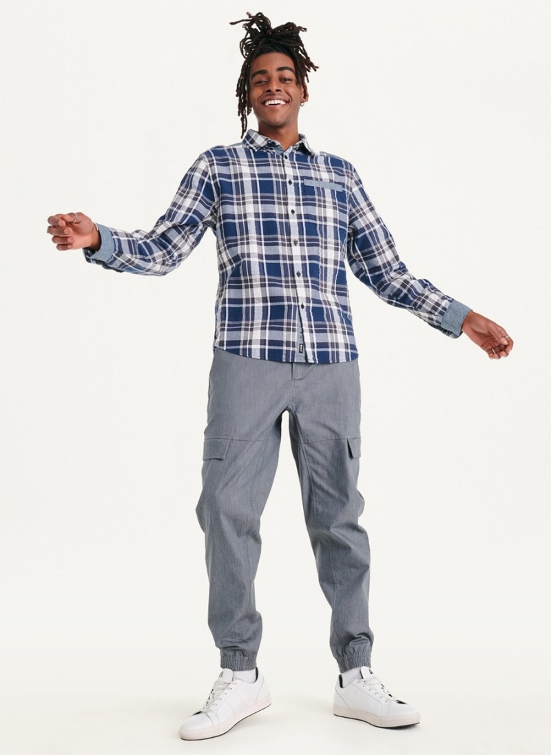 Men's Dkny Plaid Long Sleeve Button Up Shirts Blue | V2746365