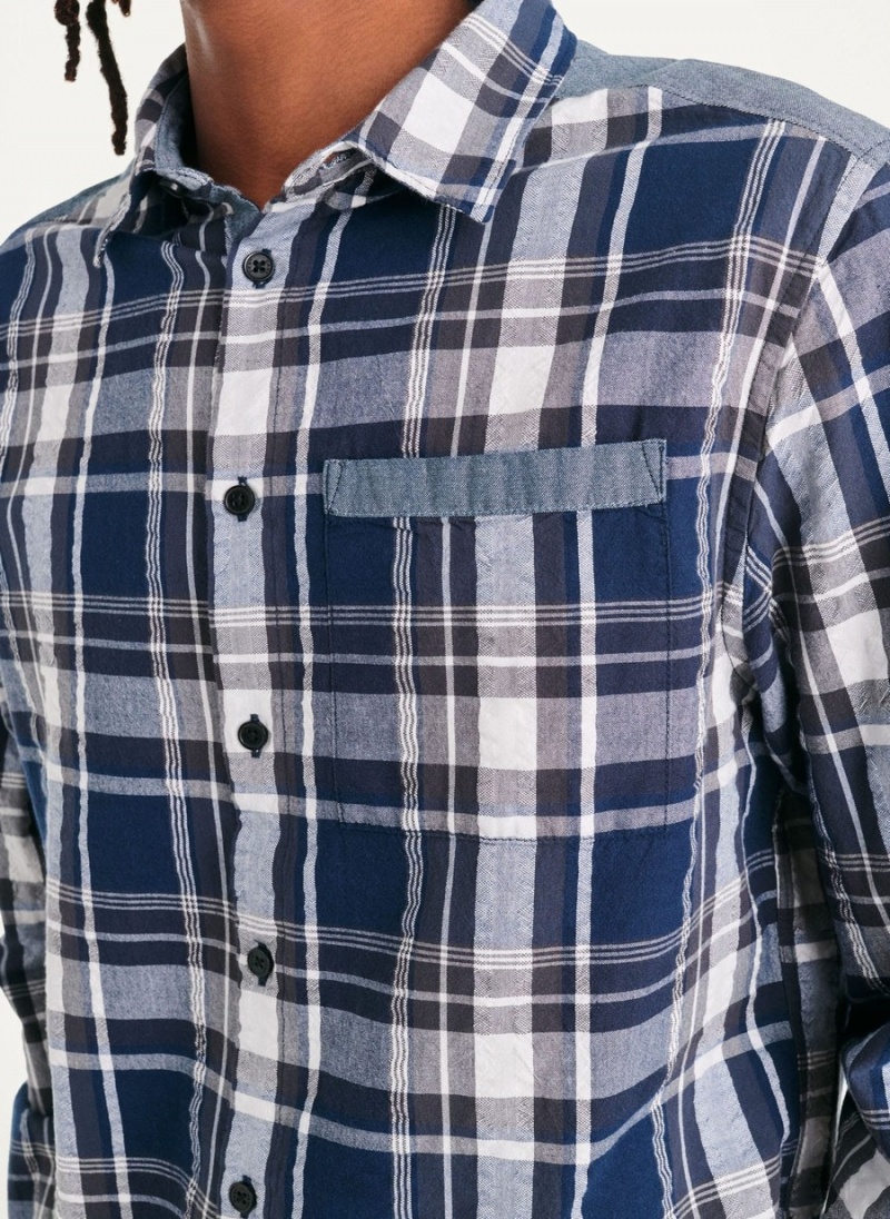 Men's Dkny Plaid Long Sleeve Button Up Shirts Blue | V2746365