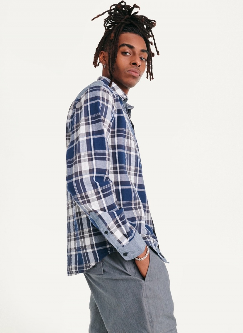 Men's Dkny Plaid Long Sleeve Button Up Shirts Blue | V2746365