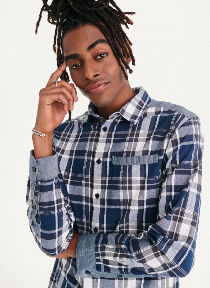 Men's Dkny Plaid Long Sleeve Button Up Shirts Blue | V2746365