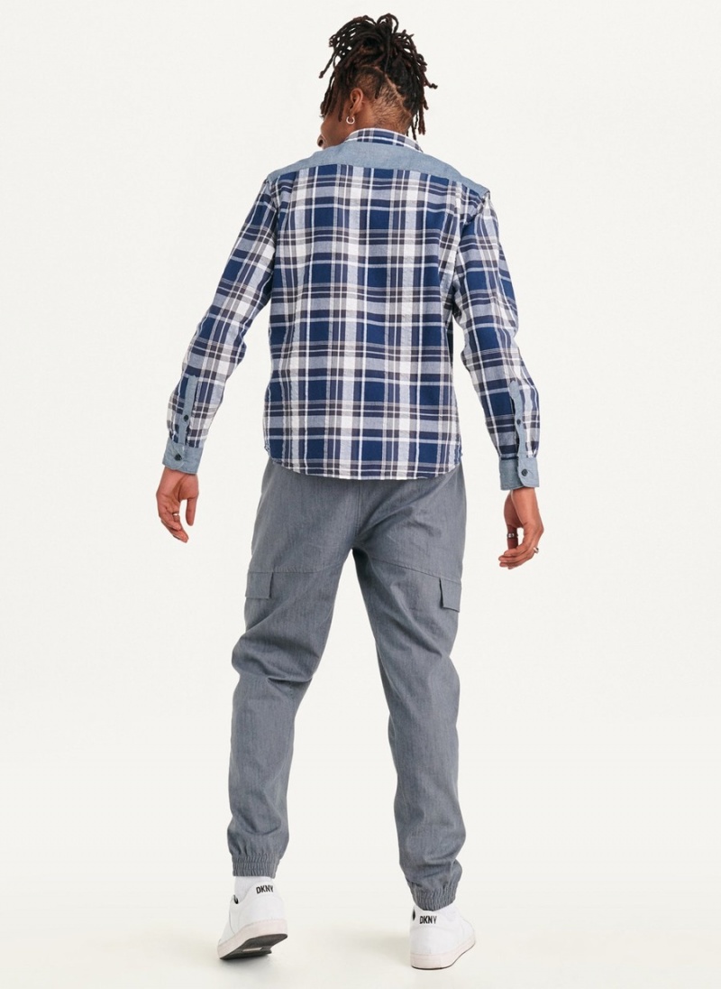 Men's Dkny Plaid Long Sleeve Button Up Shirts Blue | V2746365