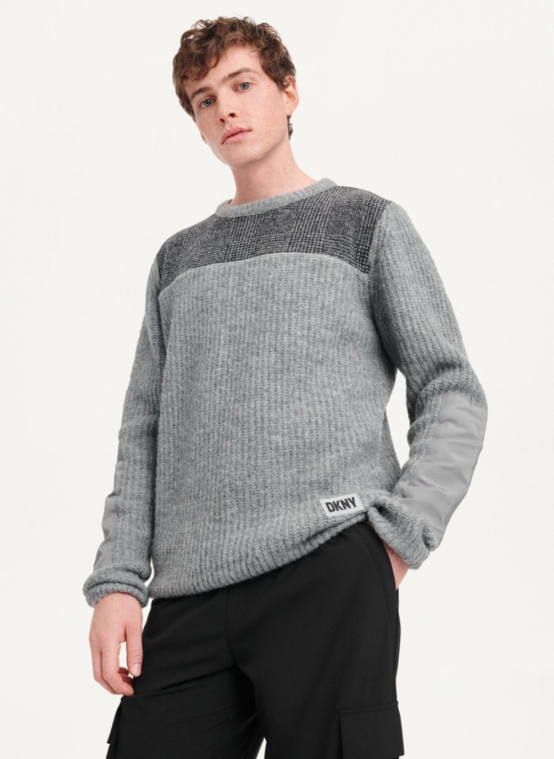 Men\'s Dkny Plaid Panel Rib Sweaters Grey | U4175727