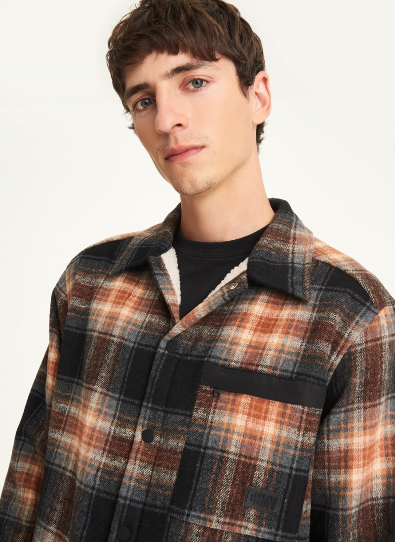 Men's Dkny Plaid Shirt Jackets Brown | R8982730
