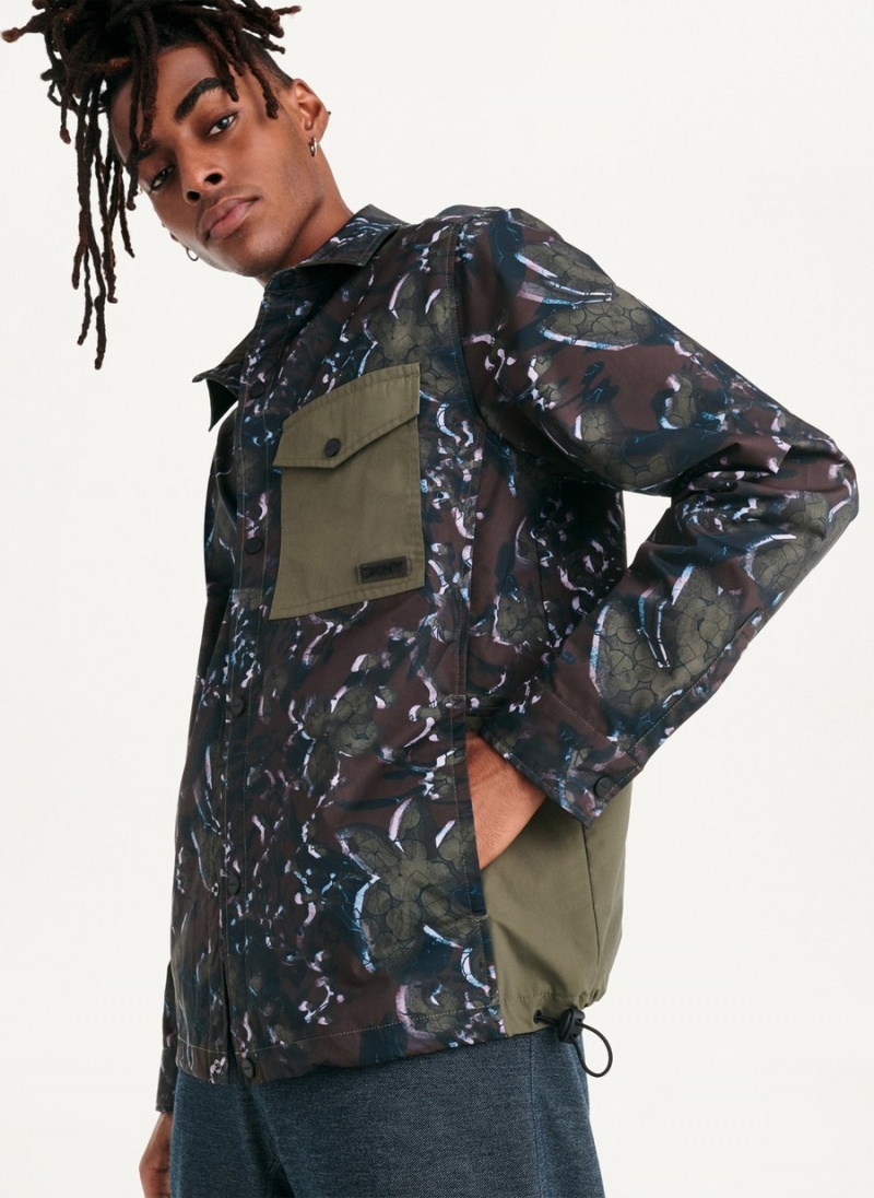 Men's Dkny Printed Nylon Single Breast Drawstring Hem Jackets Olive | M1593624
