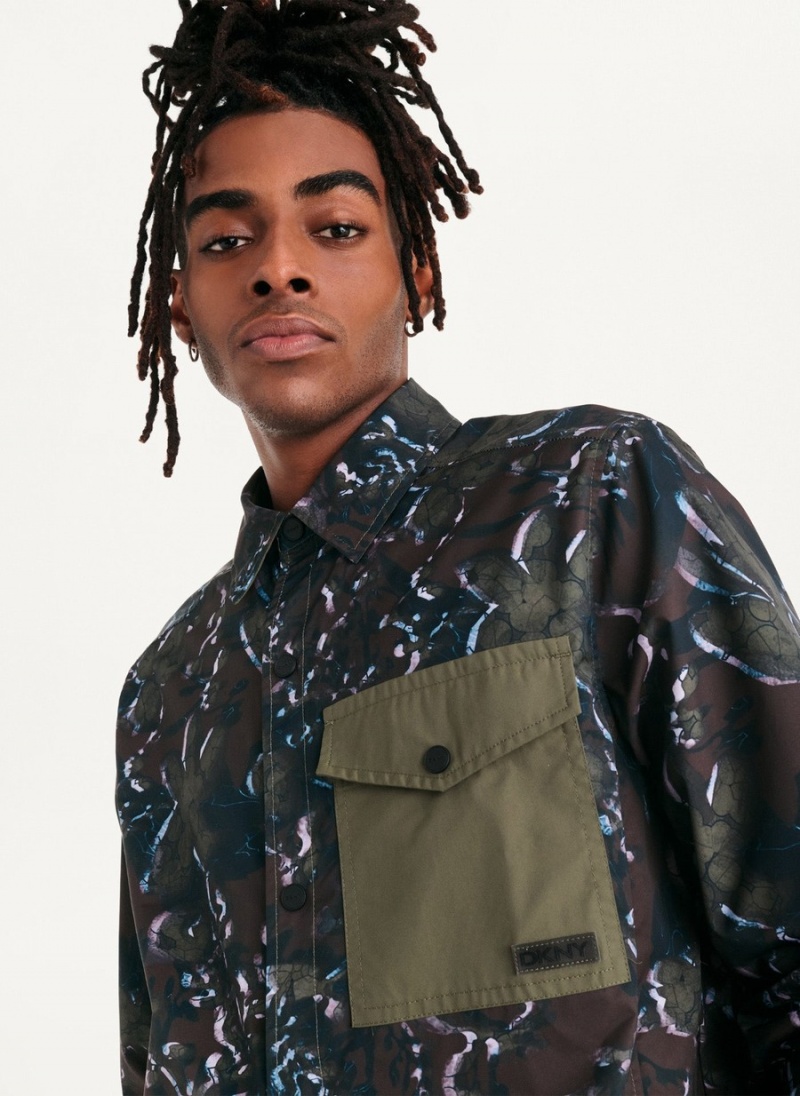 Men's Dkny Printed Nylon Single Breast Drawstring Hem Jackets Olive | M1593624