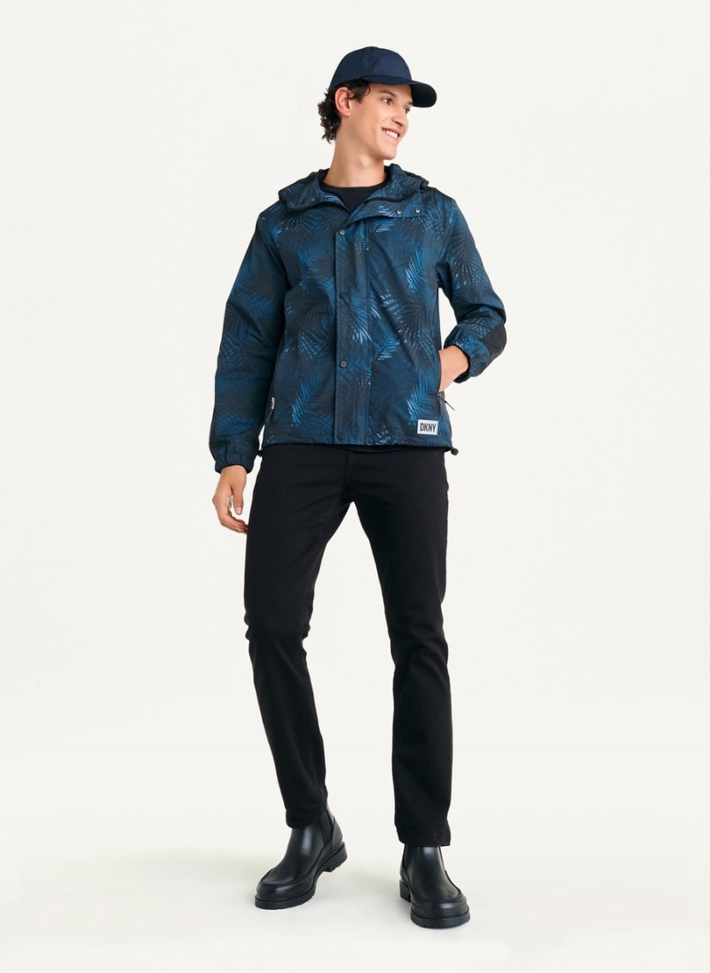 Men's Dkny Printed Nylon Wild Palm Hooded Rain Jackets Navy | V6680632