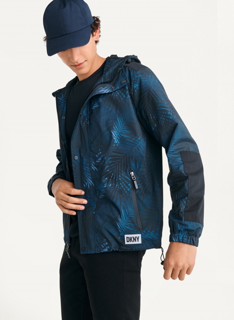 Men's Dkny Printed Nylon Wild Palm Hooded Rain Jackets Navy | V6680632