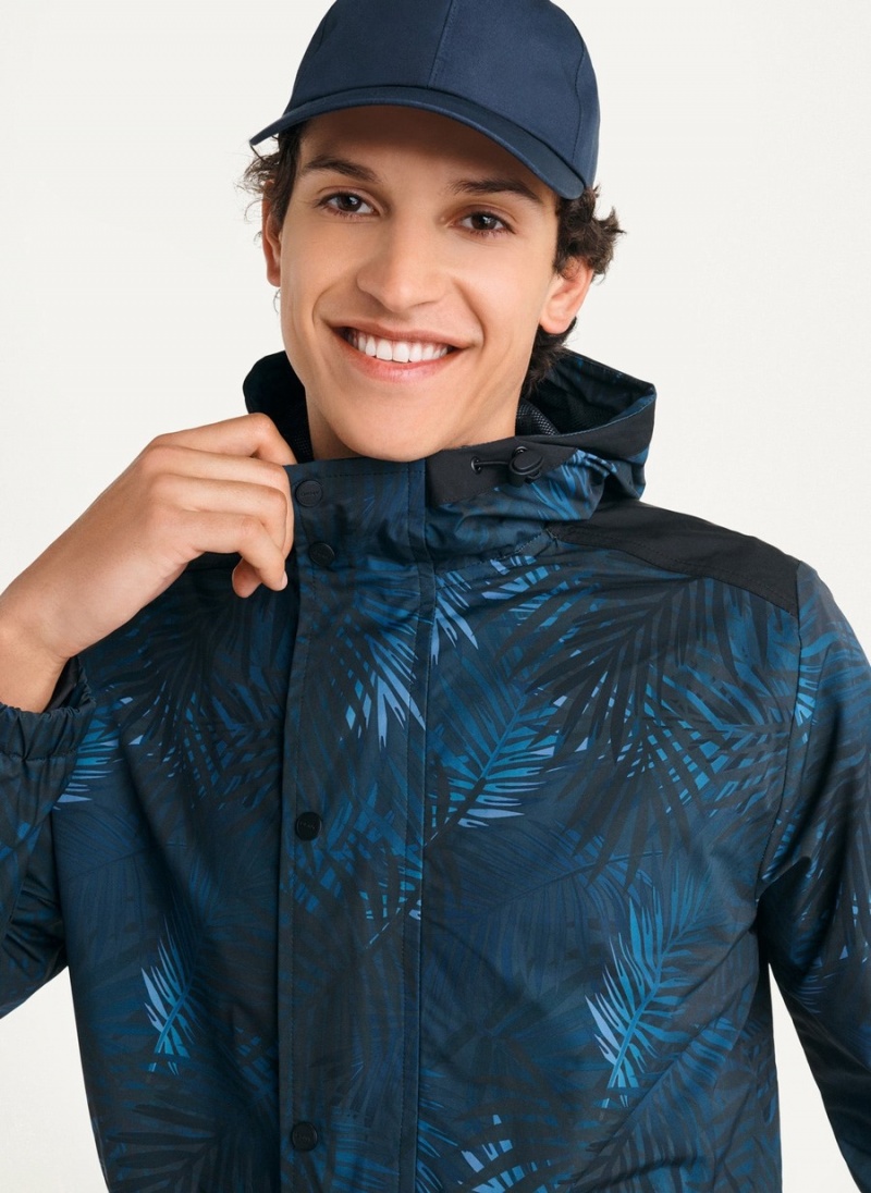 Men's Dkny Printed Nylon Wild Palm Hooded Rain Jackets Navy | V6680632