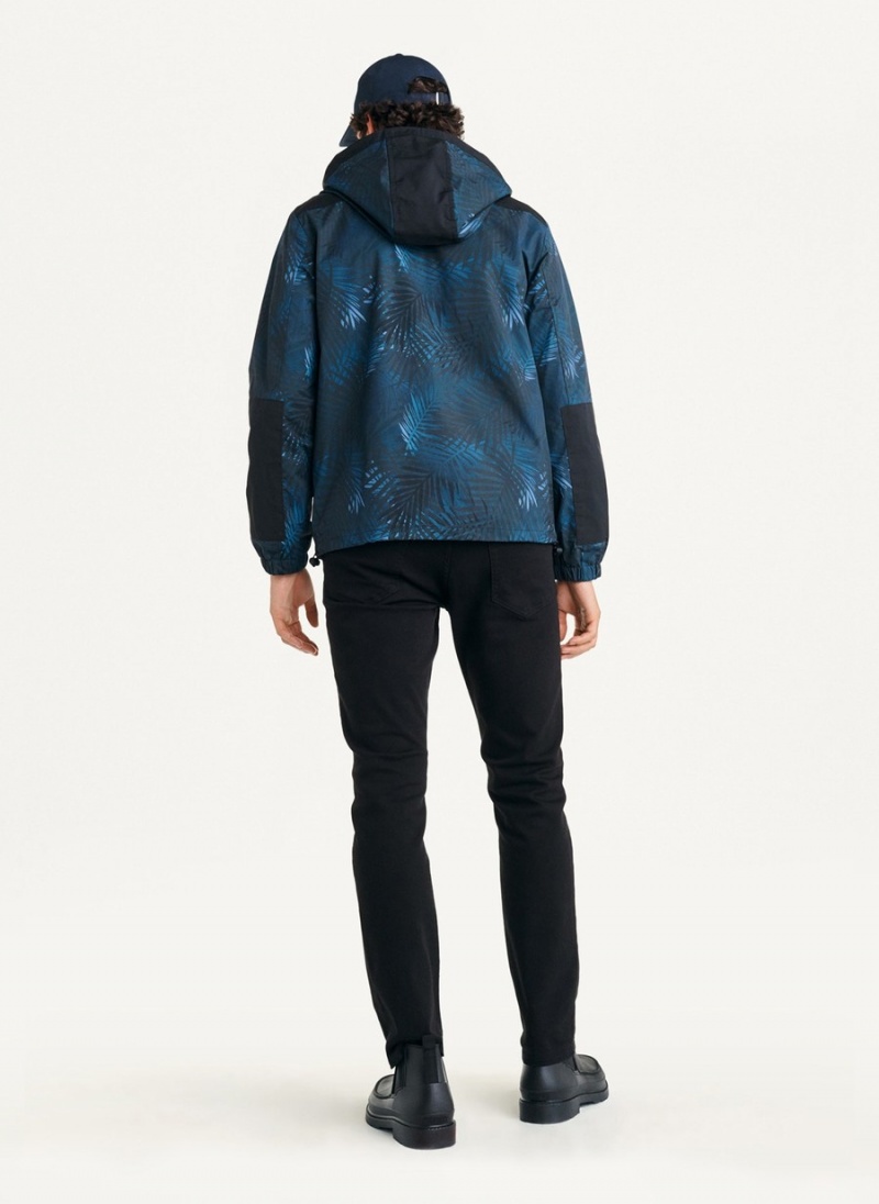 Men's Dkny Printed Nylon Wild Palm Hooded Rain Jackets Navy | V6680632