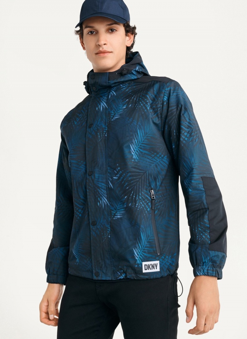 Men\'s Dkny Printed Nylon Wild Palm Hooded Rain Jackets Navy | V6680632