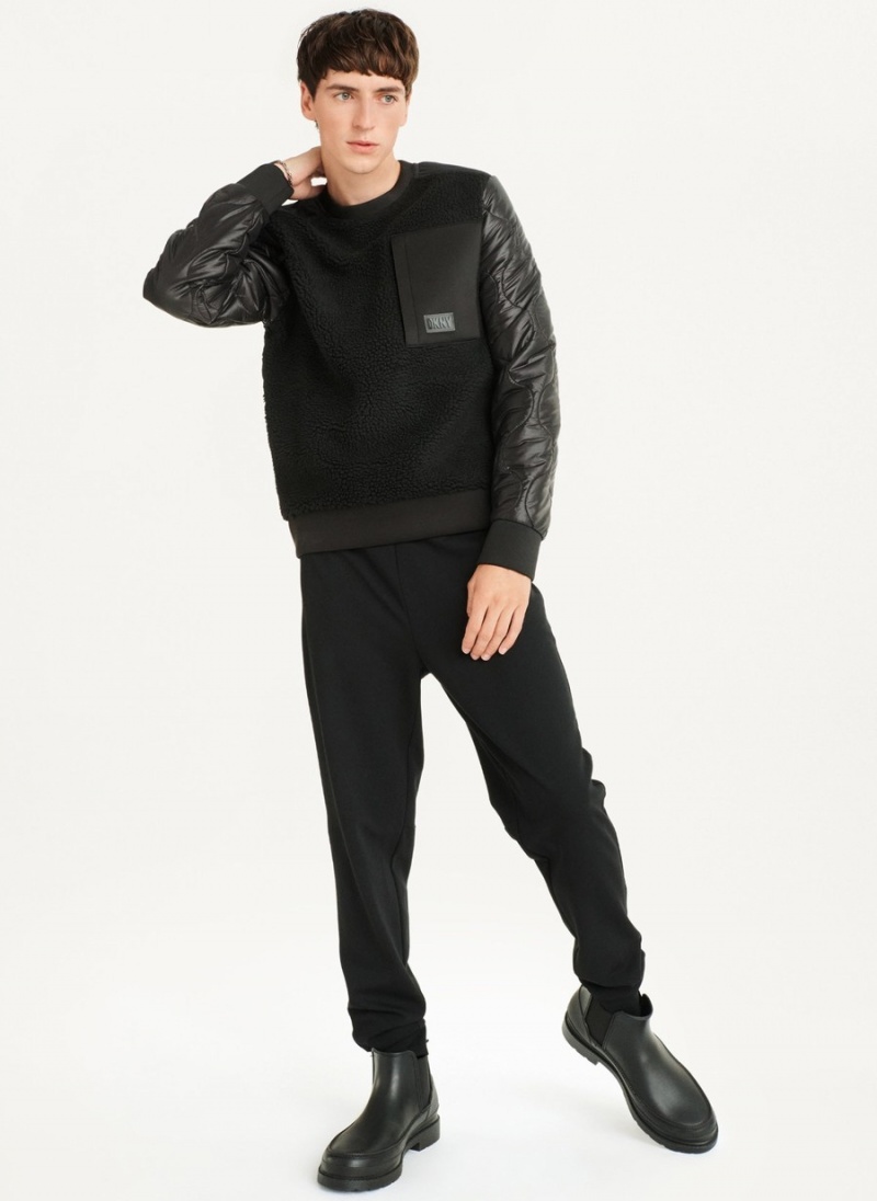 Men's Dkny Quilted Sleeve Crew Neck Sweatshirts Black | R1090160