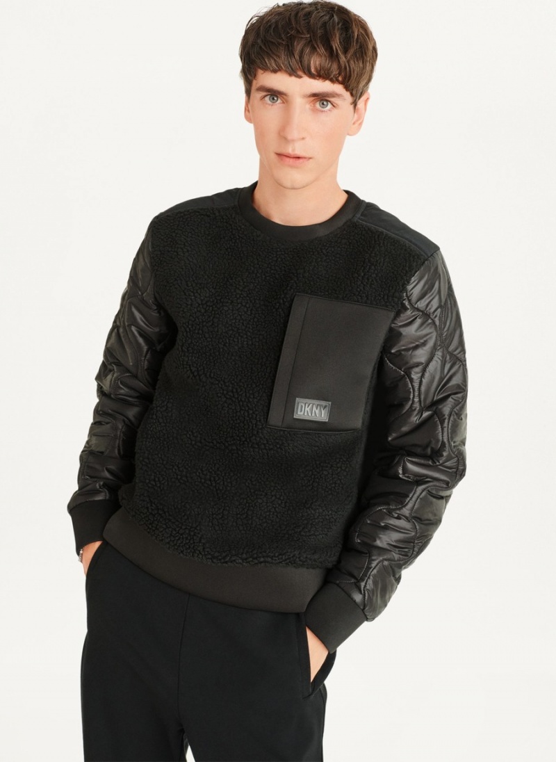 Men\'s Dkny Quilted Sleeve Crew Neck Sweatshirts Black | R1090160