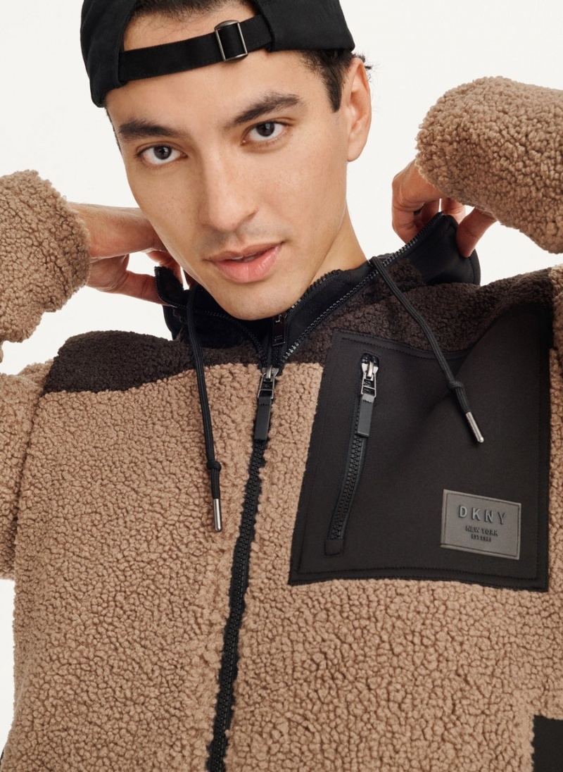Men's Dkny Sherpa Full Zip Jackets Brown | A2653736