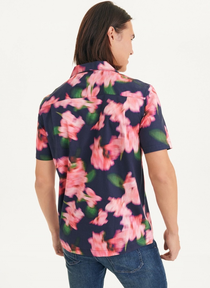 Men's Dkny Short Sleeve Camp Blurred Floral Shirts Navy | D9145396