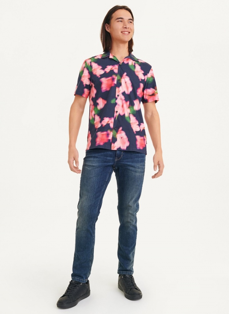 Men's Dkny Short Sleeve Camp Blurred Floral Shirts Navy | D9145396