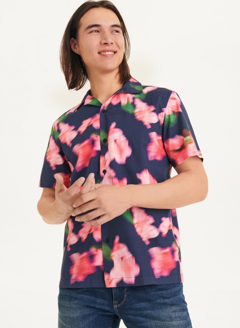 Men\'s Dkny Short Sleeve Camp Blurred Floral Shirts Navy | D9145396