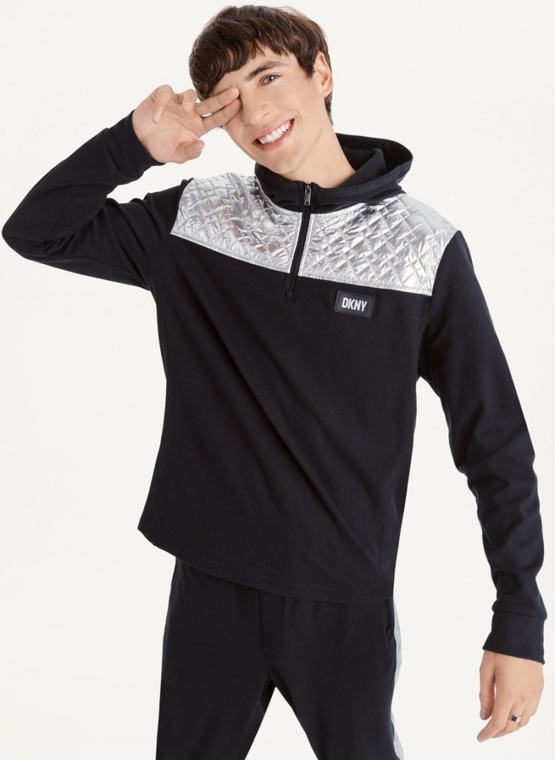 Men\'s Dkny Silver Contrast 1/2 Zip Hoodie Black | V7019404