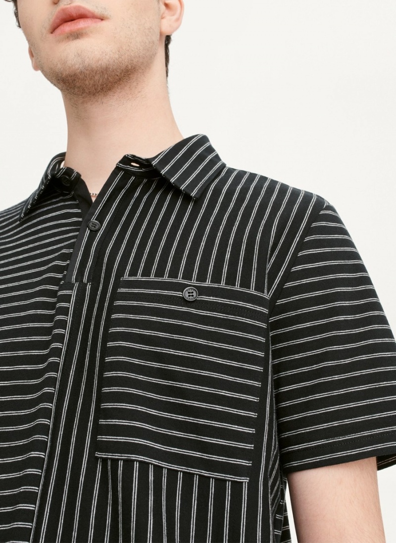 Men's Dkny Slub Jersey Stripe Polo Shirts Black | I7912888