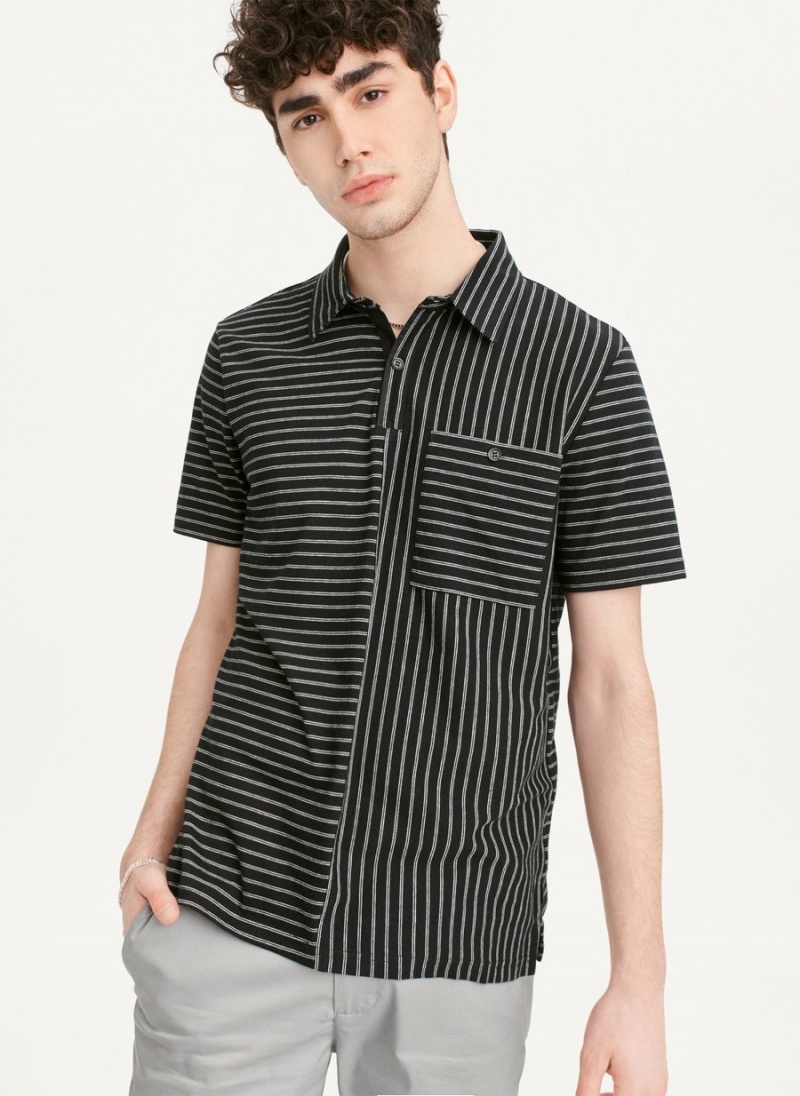 Men\'s Dkny Slub Jersey Stripe Polo Shirts Black | I7912888