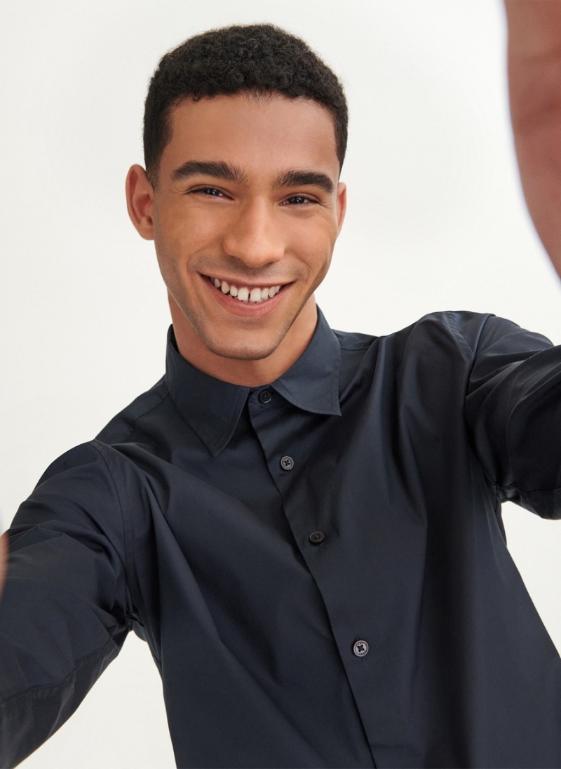 Men's Dkny Solid Woven Shirts Black | M2174876