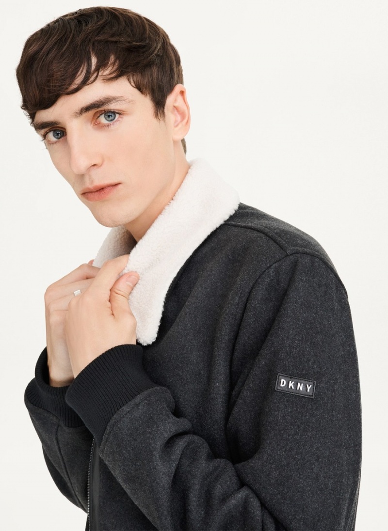 Men's Dkny Wool Blend Bomber With Sherpa Collar Jackets Black | K2862610