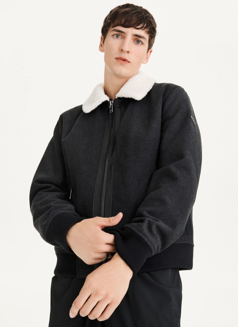 Men\'s Dkny Wool Blend Bomber With Sherpa Collar Jackets Black | K2862610