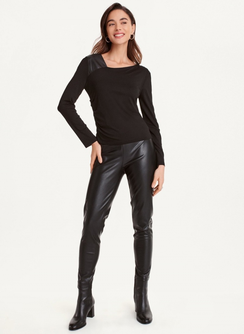 Women\'s Dkny Asymmetrical Mixed Media Top Long Sleeve Black | V9074241