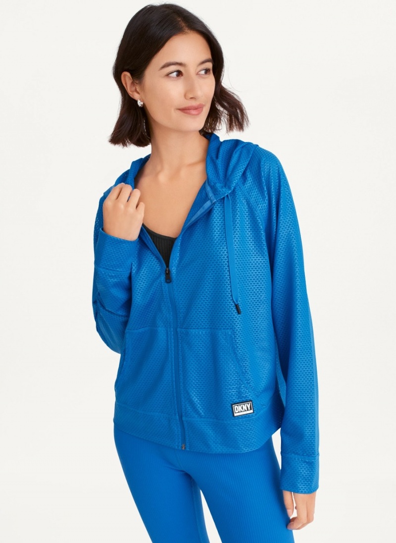 Women's Dkny Chintz Honeycomb Mesh Full Zip Hoodie Blue | I5597050