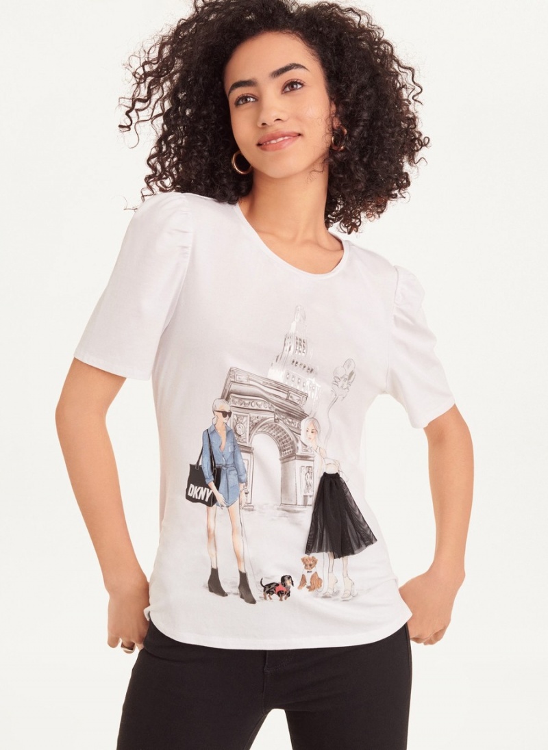 Women's Dkny Conversational Puff Sleeve T Shirts White | V6904349
