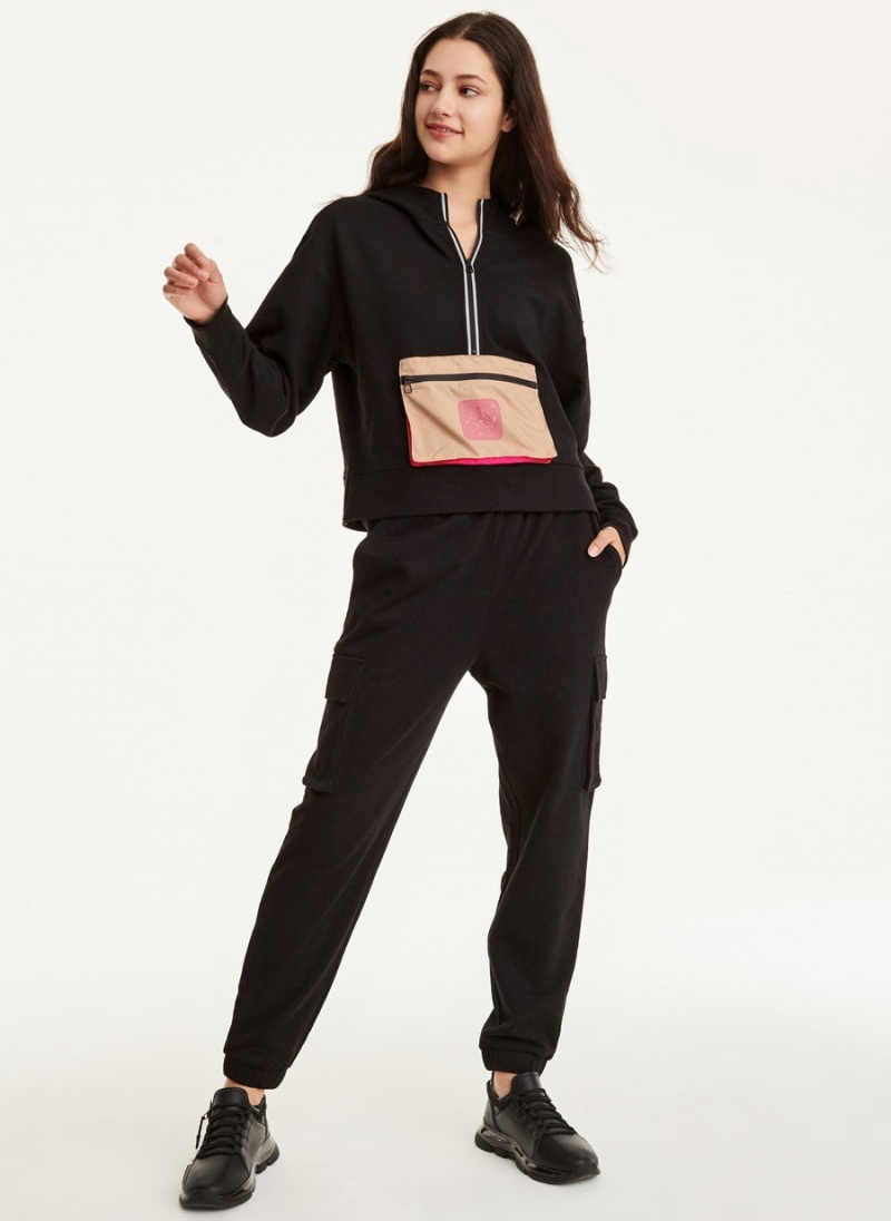 Women's Dkny Cotton French Terry with Bag Kangaroo Pocket Hoodie Black | C3304646