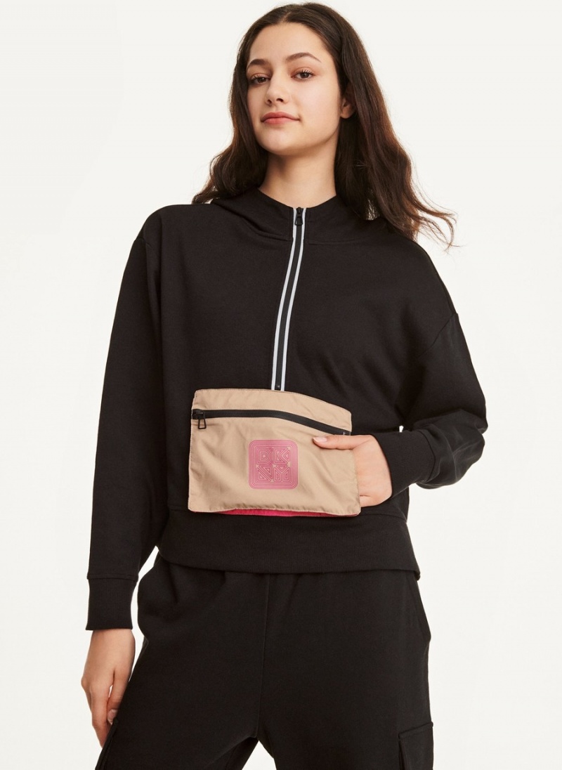 Women\'s Dkny Cotton French Terry with Bag Kangaroo Pocket Hoodie Black | C3304646