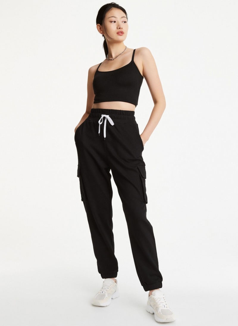 Women\'s Dkny Cotton Jersey Cargo With Logo Embossing Jogger Black | F1855206