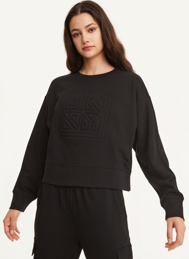Women's Dkny Cotton Jersey Crew With Logo Embossing Sweaters Black | F1635847