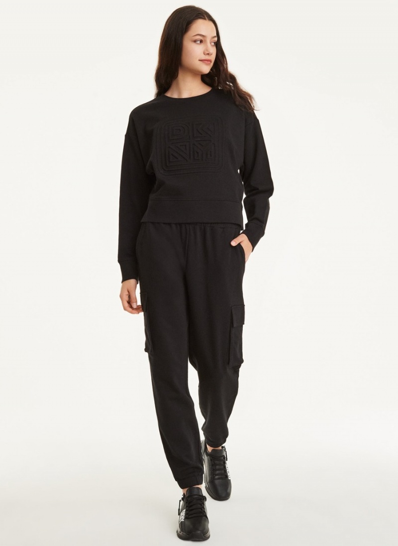 Women\'s Dkny Cotton Jersey Crew With Logo Embossing Sweaters Black | F1635847