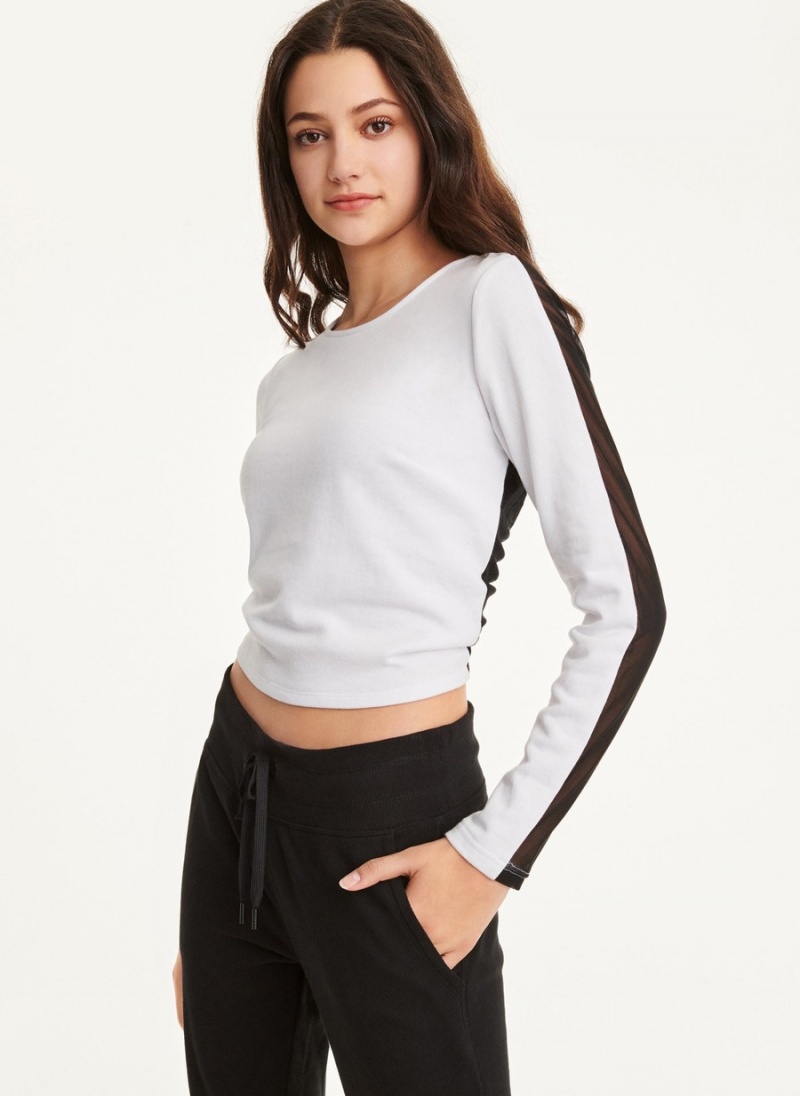 Women\'s Dkny Cotton Jersey Top with Black Mesh Long Sleeve White | M5619573