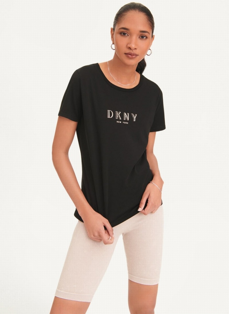 Women's Dkny Crinkle Foil Spec Logo T Shirts Black | F6459461