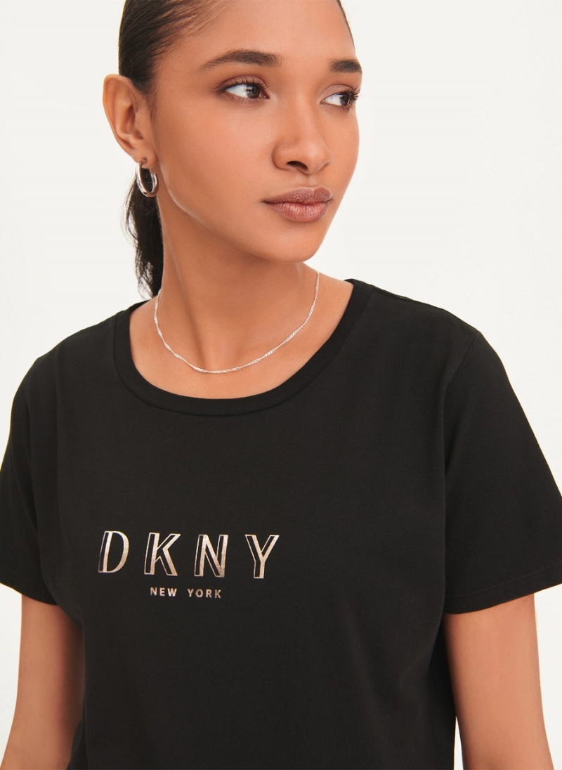 Women's Dkny Crinkle Foil Spec Logo T Shirts Black | F6459461