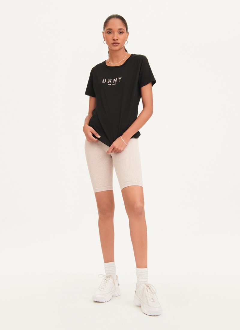 Women\'s Dkny Crinkle Foil Spec Logo T Shirts Black | F6459461