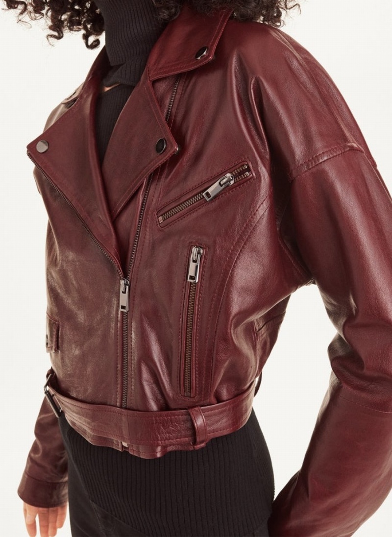 Women's Dkny Cropped Biker Jacket Burgundy | U0317255